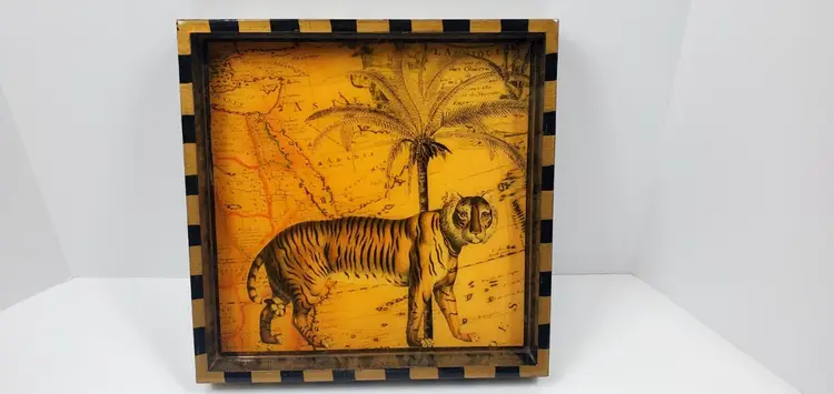 Signed Arnie Mordica San Raphael, CA Decoupage Tiger Serving Tray