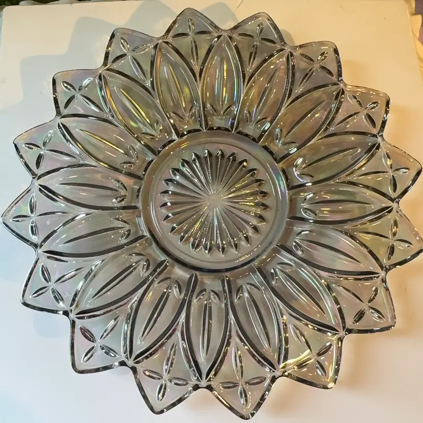 Vintage Smoky Gray Floral Pressed Glass Centerpiece Platter