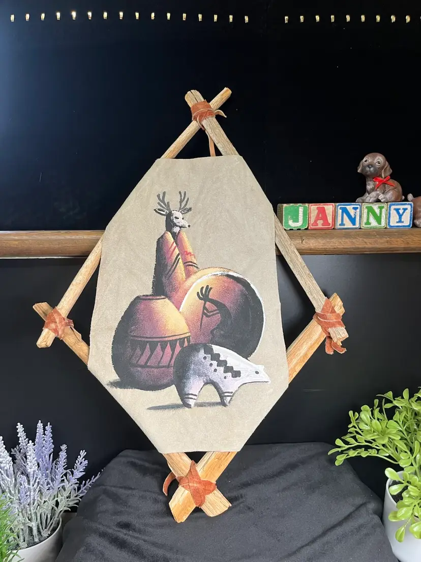 Native American Themed Hand Made Wall Hanging Featuring a Traditional SW Still Life Central Painting on Deer Hide