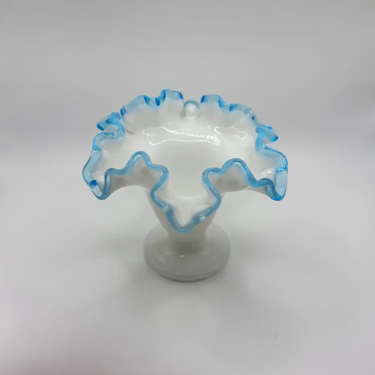 Fenton Blue Aqua Ruffled-Edge 4" Milk Glass Vase