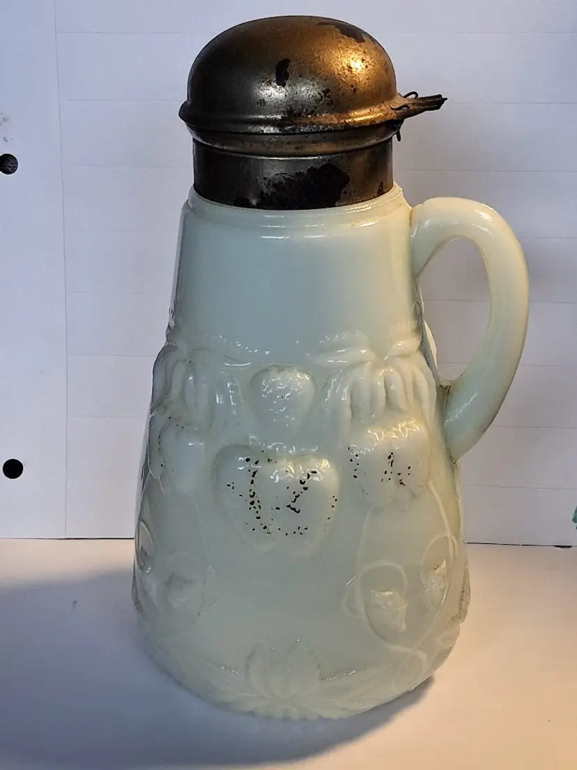 EAPG Victorian Era, 'STRAWBERRY PATCH ' Milk Glass Molasses Can/Syrup Pitcher, c1916! Unknown maker
