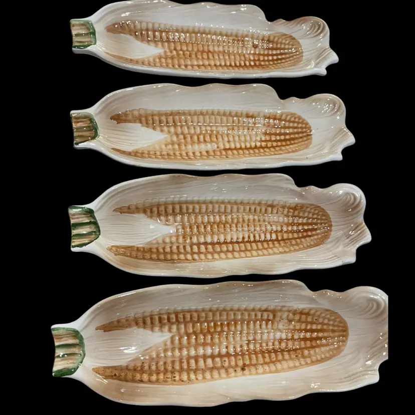 Vintage - Hand Painted Ceramic - Corn On The Cob Serving Dishes/Holders Set Of 4