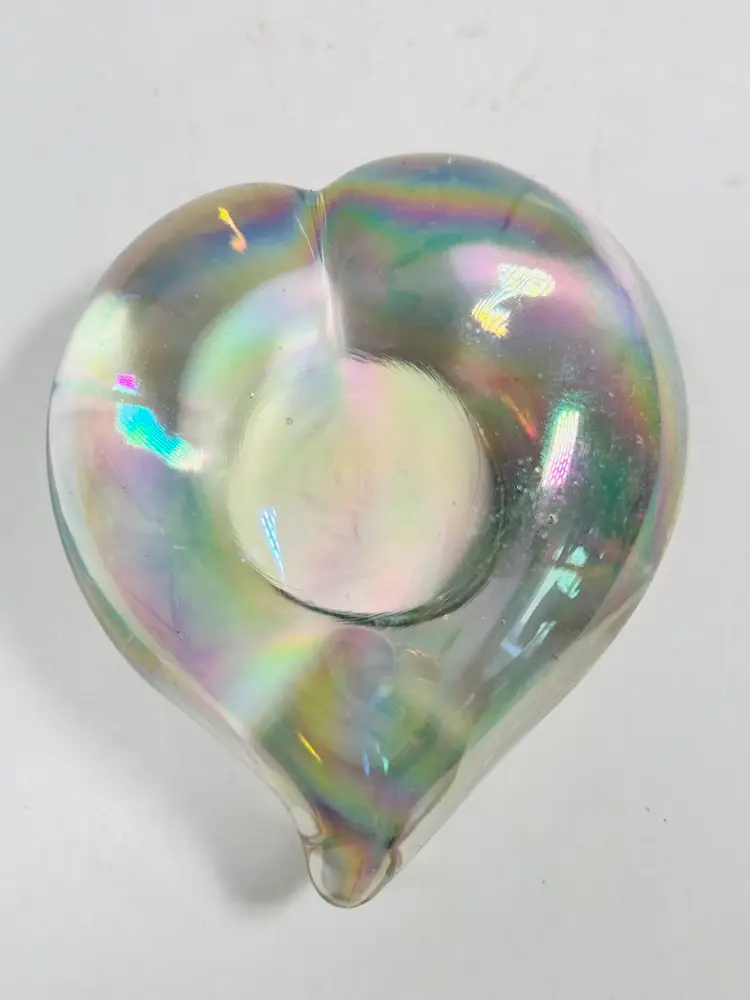 Vintage Iridescent Clear Heart Shaped Paperweight Hand Blown Art Glass 