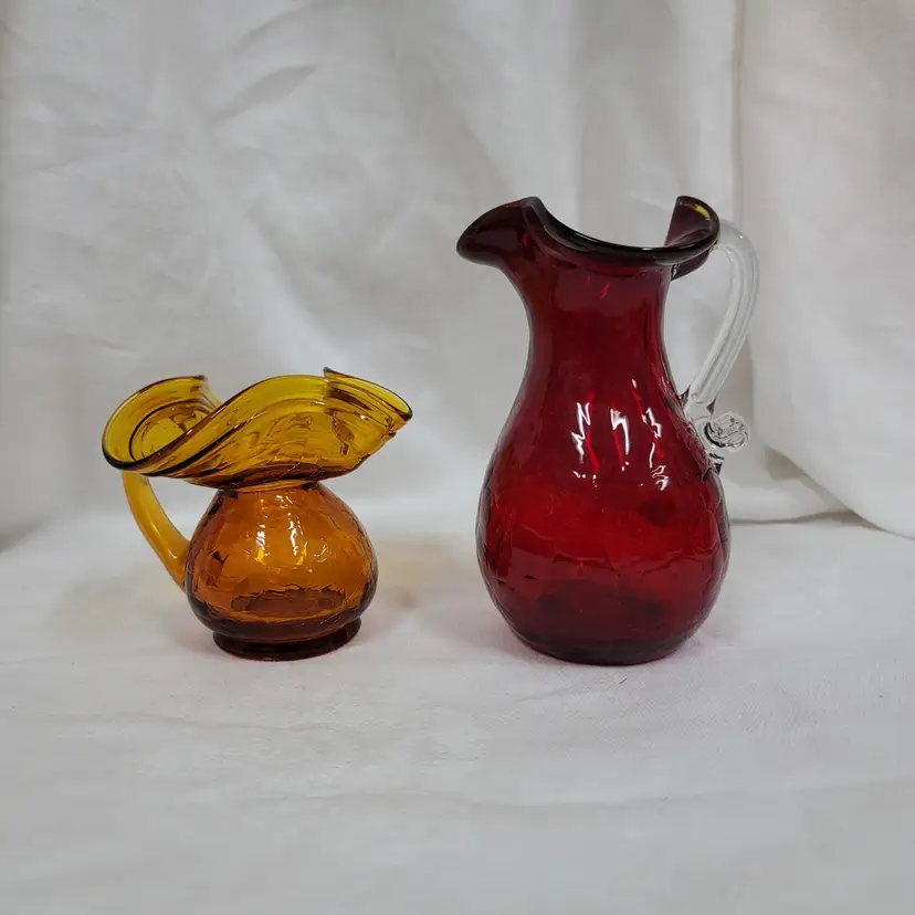 Pair Of Crackle Glass Mini Pitchers, Glows
