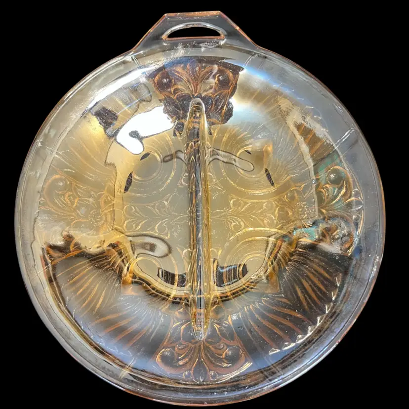 Indiana Glass, Marigold Carnival "Killarney" 8 1/4" Divided Shallow Bowl Relish Dish-w/ Handle