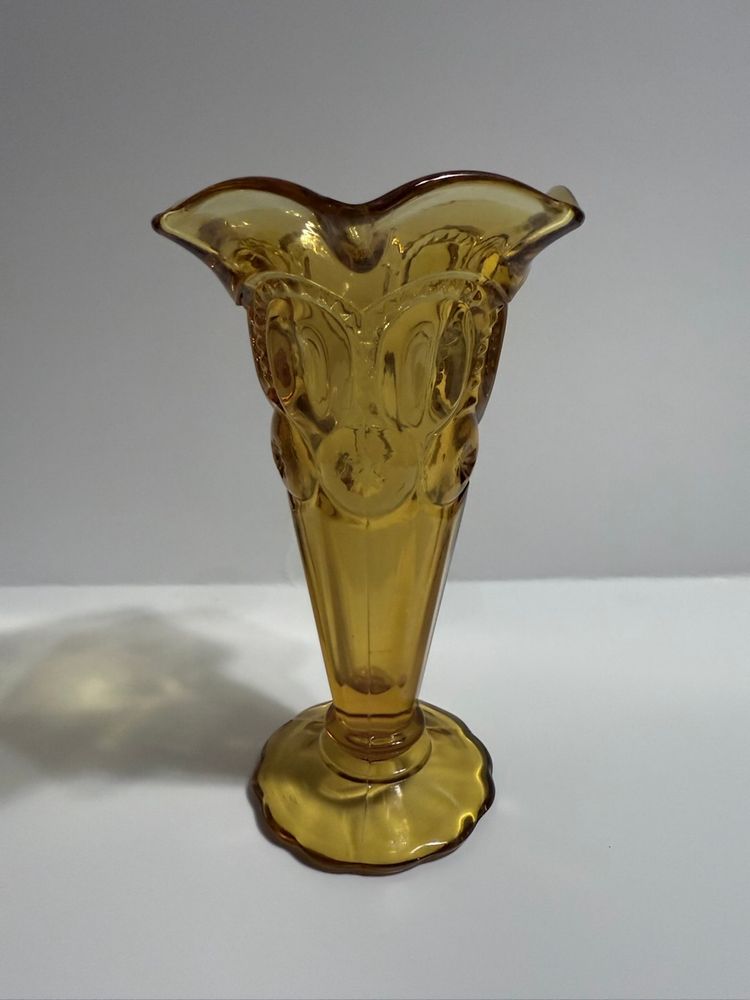 LE Smith Amber Glass Moon and Stars 6 Inch Ruffled Vase