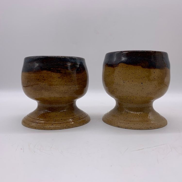 Signed Studio Pottery Hand Thrown Cups Planters Brown Stoneware Set Of 2