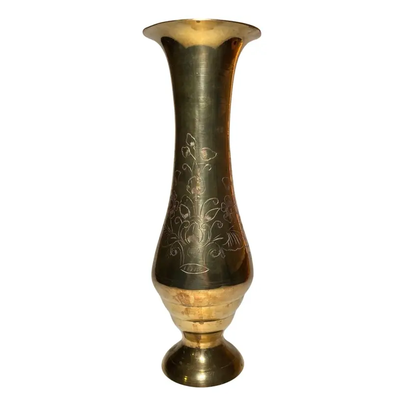 Vintage Brass Vase Floral Flowers Hand Etched in India 11"