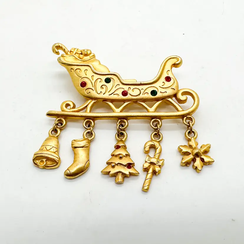 JJ Christmas Sled Brooch Pin Jonette Jewelry Gold Tone Dangle Charms Vintage 2"L B25