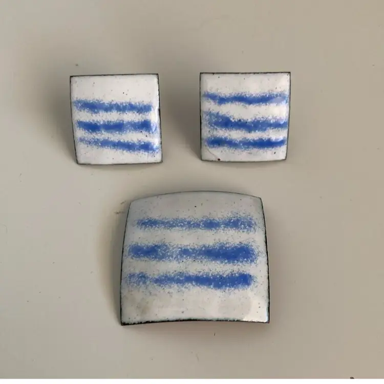 Vintage Artisan White & Blue Copper Enamel Earrings With Matching Brooch