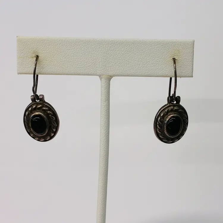 Vintage sterling silver black onyx dangle earrings With Rope Detailing