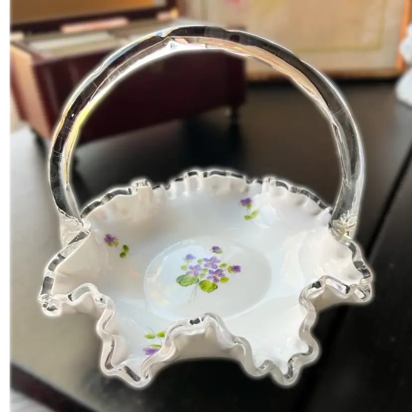 Vintage FENTON Silver Crest "Violets In The Snow" 7 1/2" Basket Hand Painted Signed HJ Curry