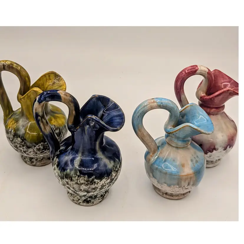 Four Small Vintage MCM Italian Art Pottery Miniature Pitcher Blended Drip Glaze