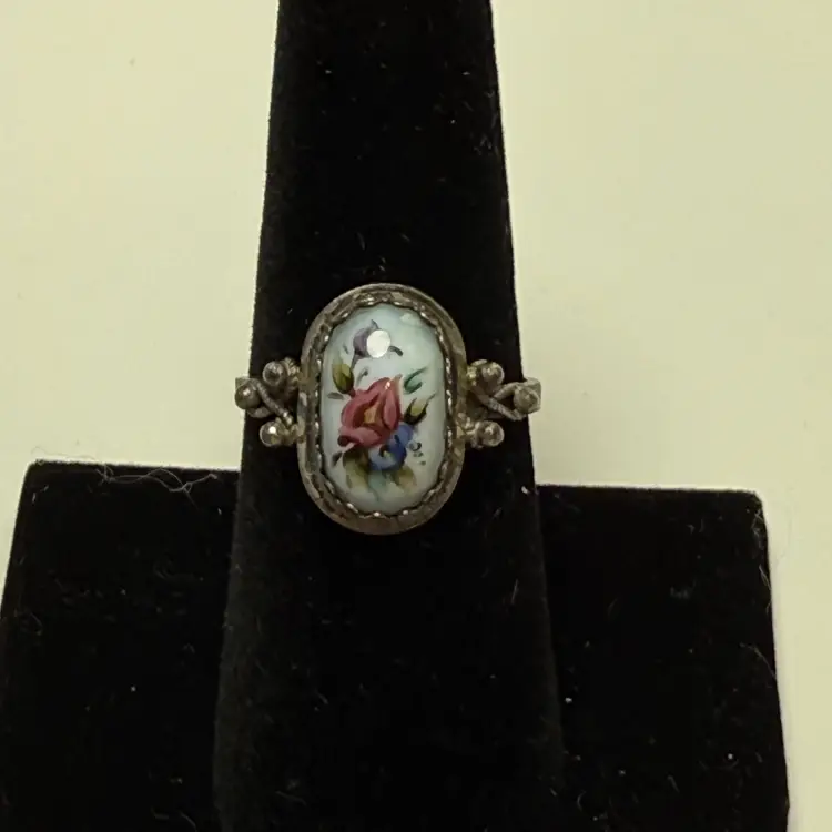 Vintage Russian Finift Rostov Ring Size 7.5 Hand Painted Fired Enamel Roses