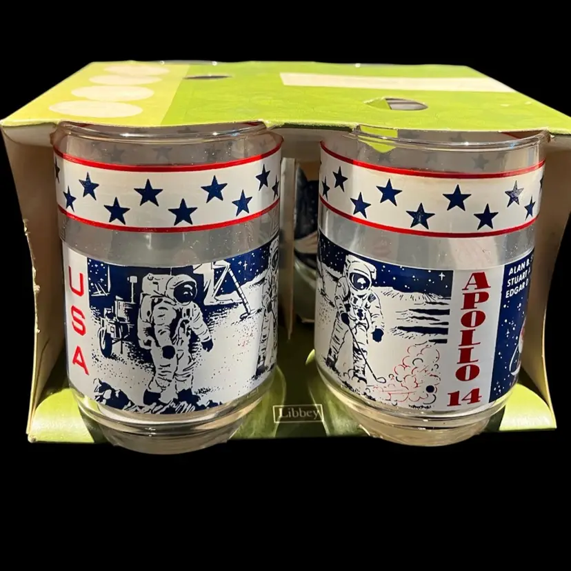 Vintage Libbey Apollo 14 Glasses – Set of 4 (New Old Stock) in Original Carrier - 11 Ounce– 1971 NASA Moon Mission-