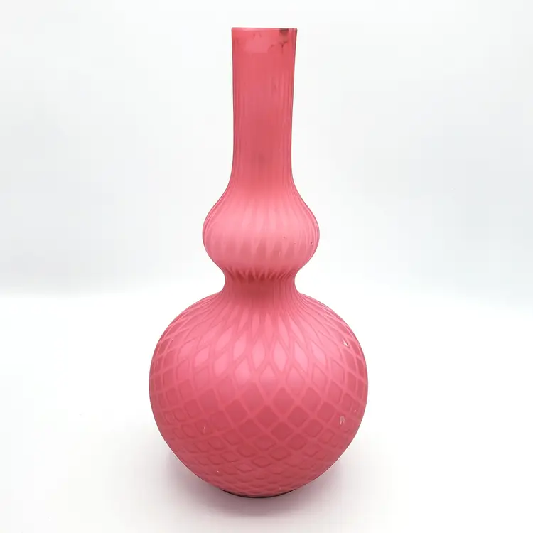 #010 - Antique Victorian Glass Vase, Cranberry Pink Quilted Diamond Pattern Satin Glass, Encased, AS IS