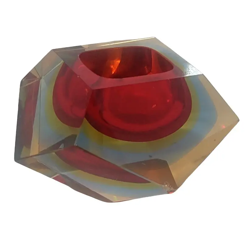 MCM RED MURANO SOMMERSO MANDRUZZATO GEOMETRIC FACETED GLASS CANDLE HOLDER AS IS