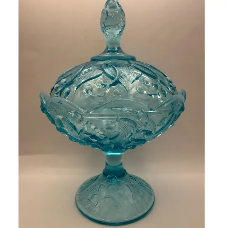Fenton Aqua Blue Opalescent Lily Of The Valley Lidded Pedestal Candy Dish 9”