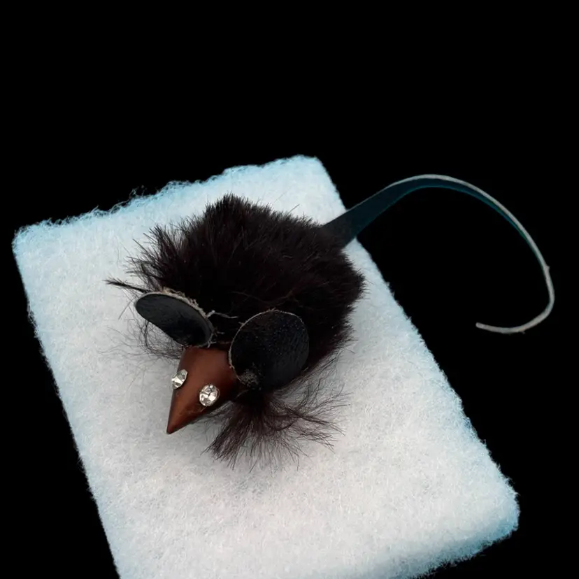 Vintage Furry Mouse Brooch with Rhinestone Eyes – Leather Ears & Tail
