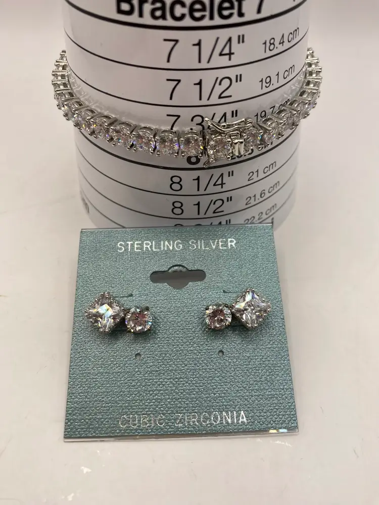 Tennis Bracelet Cubic Zirconium Rhodium Plated Plus Sterling Silver CZ Earrings