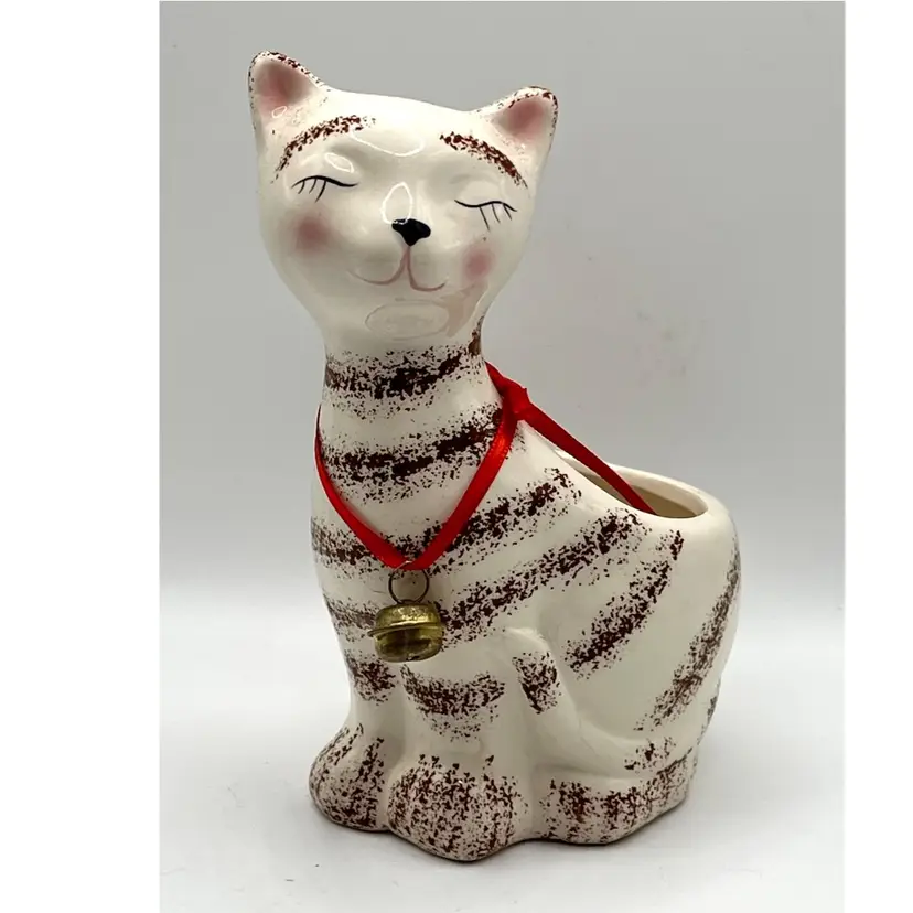 Ceramic Hand Painted White Striped Closed Eyes Cat Planter Red Bow 6 in Height