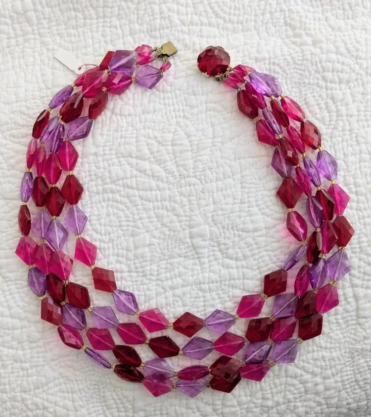 Vintage Mid Century Graduated Multi Strand Necklace with Plastic Beads in Shades of Red, Pink and Purple, West Germany