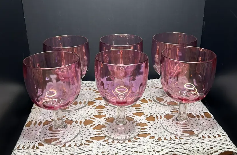 Set Of 6 Vintage Bartlett Collins Cranberry Thumbprint Goblet Mid 1960’s 6x4 Glass Size