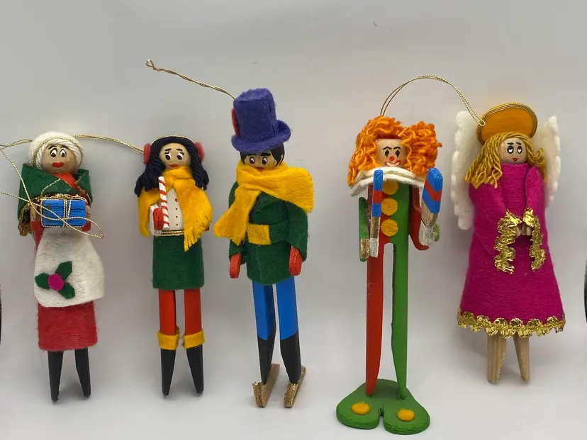 Handmade Clothespin People Christmas Ornaments Lot Of 5