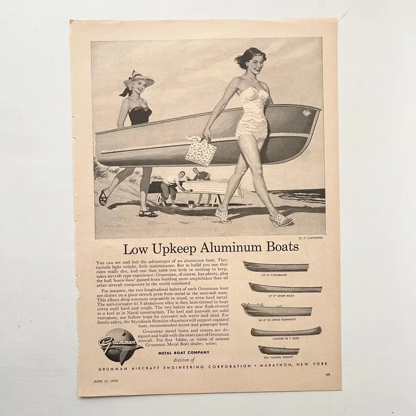 Grumman Aircraft Magazine Print Ad Aluminum Metal Boat Canoe Vintage 1950s