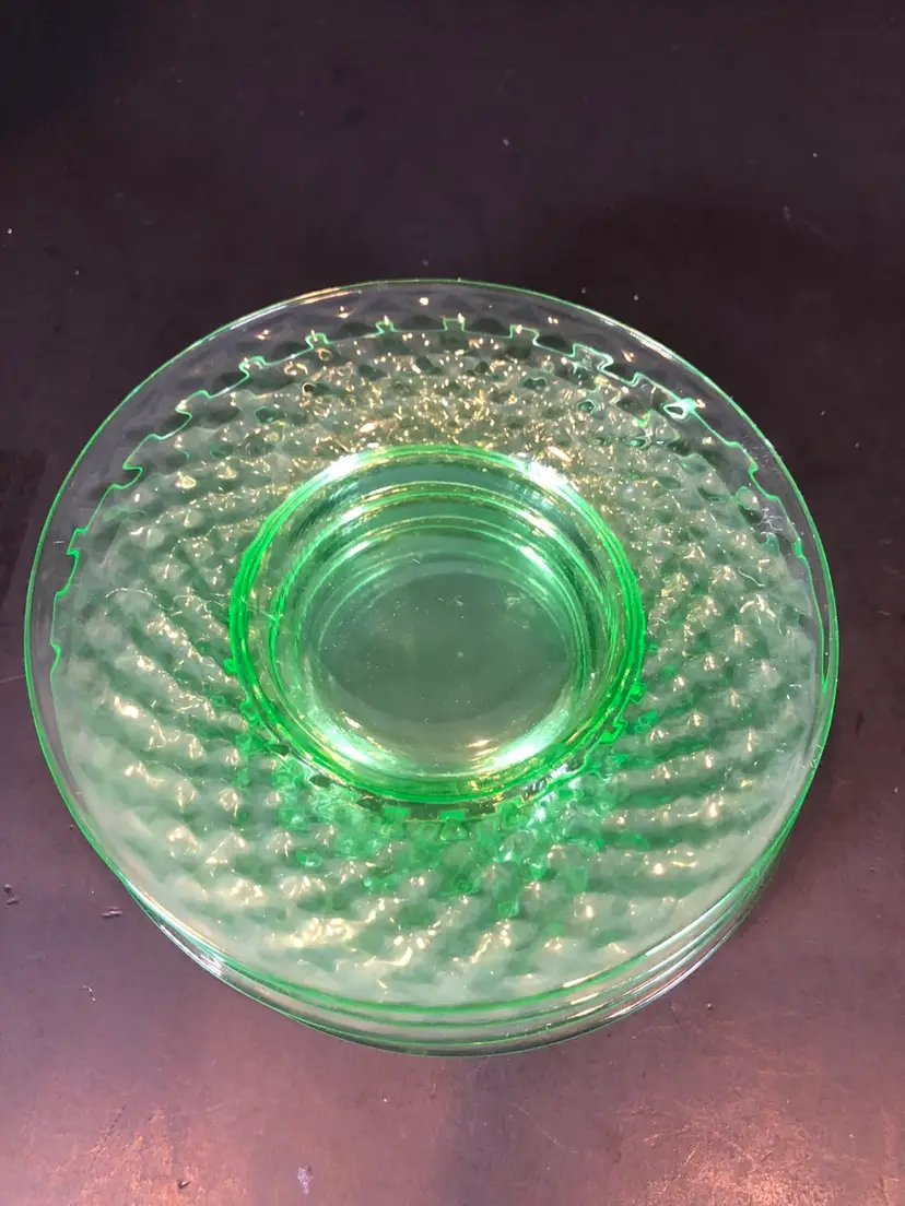Vintage Imperial Glass Co Diamond Quilted Uranium Saucers Set Of 4