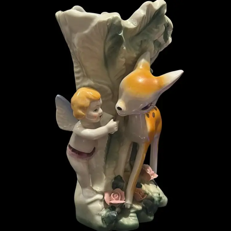 Cherub Angel & Fawn 1930's Pottery Vase