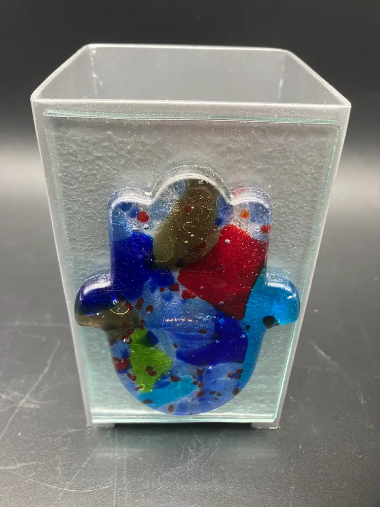 BIN- Tamara Baskin Art Glass Fused Glass Hamsa Charity Box Pen Holder