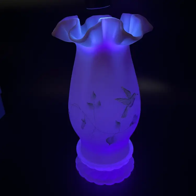 Fenton Blue Burmese Hummingbird Hurricane Lamp Shade Candle Holder Hibiscus