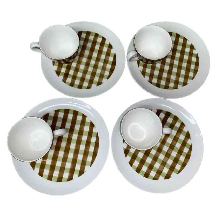 MCM LUNCHEON PLATES WITH CUPS GREEN & BROWN ON WHITE 4 PLATES 4 CUPS