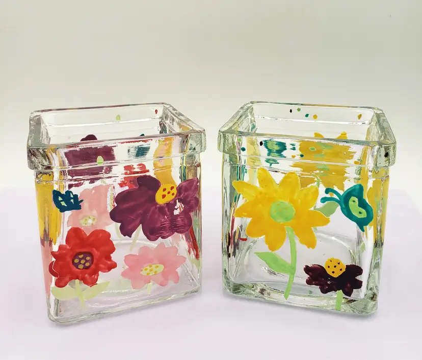 Vintage Hand Painted Glass Votive Candle Holder Floral 3" Square Cube Set of 2. These are likely from the 1990's. Each stands 3" tall and 2.75" wide.