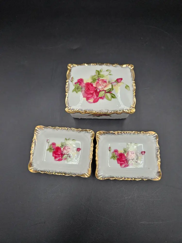 L&M Inc Rectangle Porcelain  Floral Trinket Box and 2 Dishes