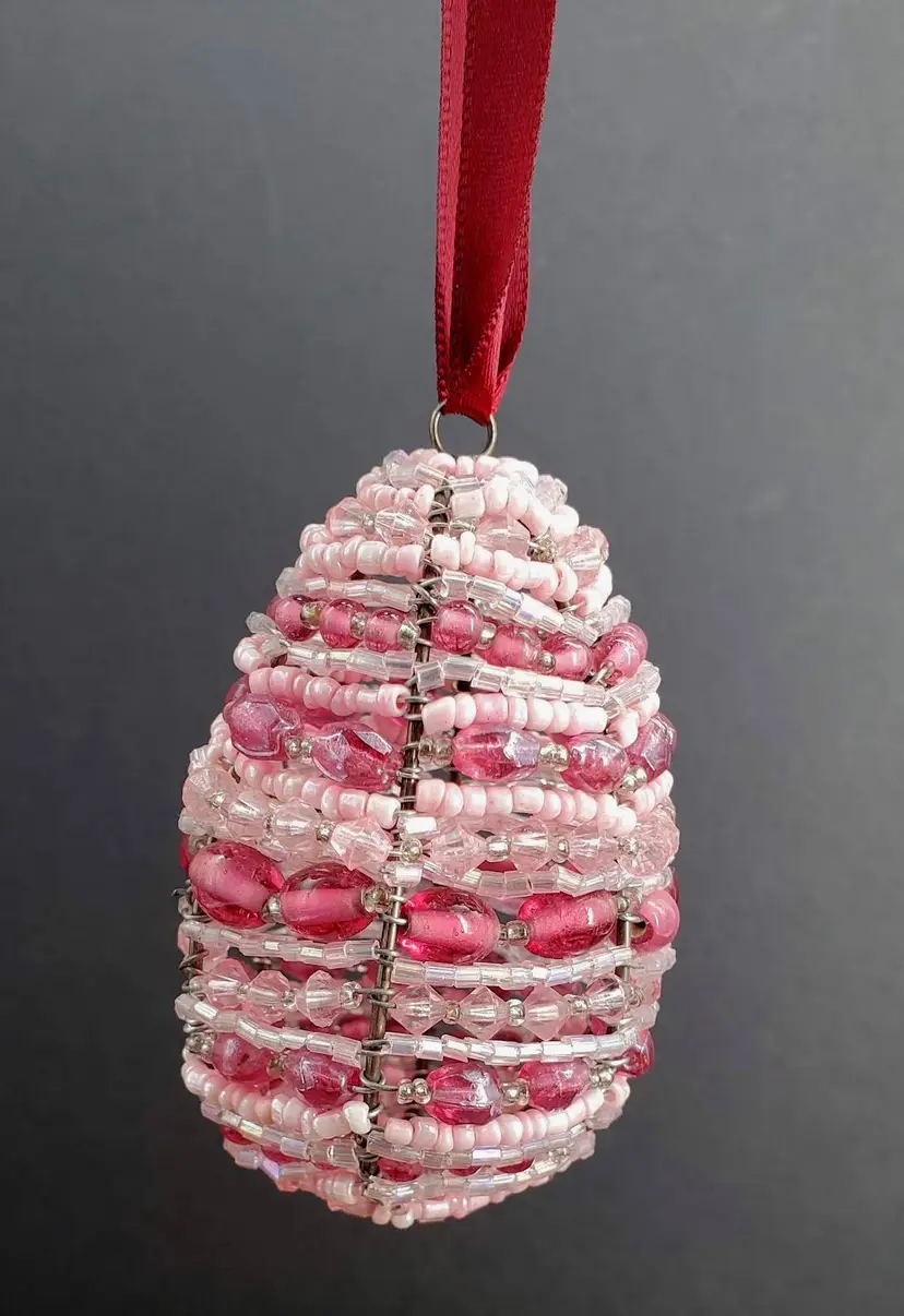 Pier 1 Pink Hanging Beaded Wire Easter Egg Ornament 3"