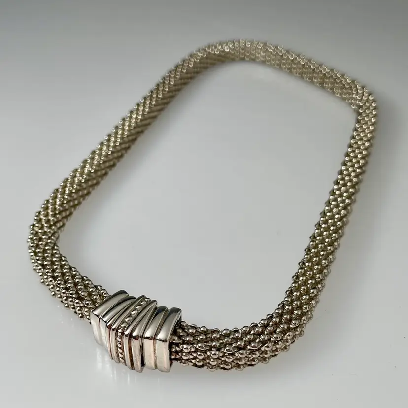 Etruscan Revival Silver Tone Mesh Cable Chain Collar Necklace Magnetic Clasp Vintage 17.5"