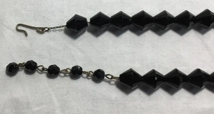 Necklace, vintage black glass bicone beads, chain, shepherds hook, 17"