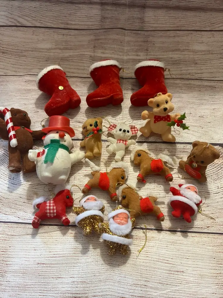 Vintage Lot 16 Flocked Christmas Ornaments Santas Boots Bears Mouse Horses 2-4”