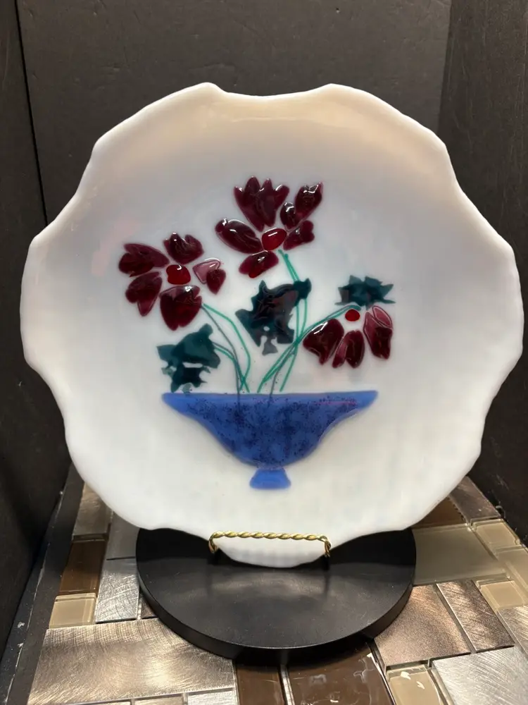Vintage Fused Glass Red Poppy’s In Vase On Milk glass