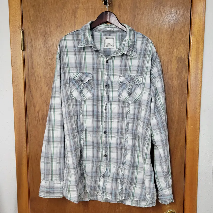 BKE Morley Athletic Fit Plaid Button Down Shirt Mens XXL White Blue Grey NWT