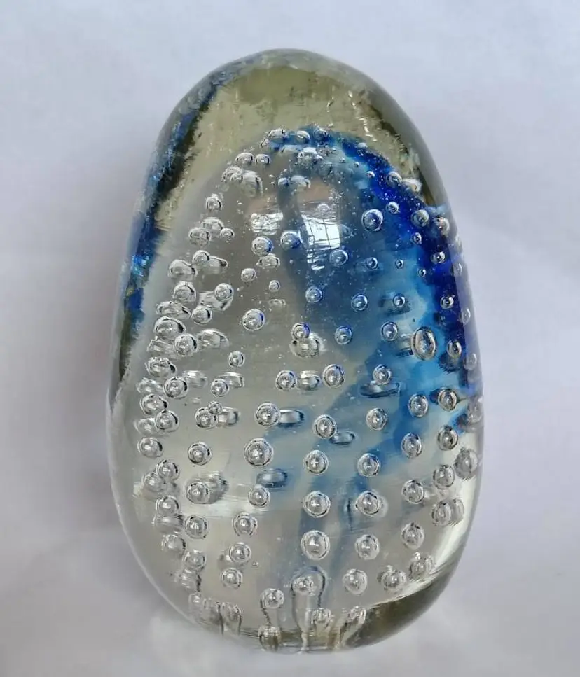 Vintage Studio Art Glass, Oblong Large Egg-Shaped Controlled Bubble Paperweight-Polished Bottom