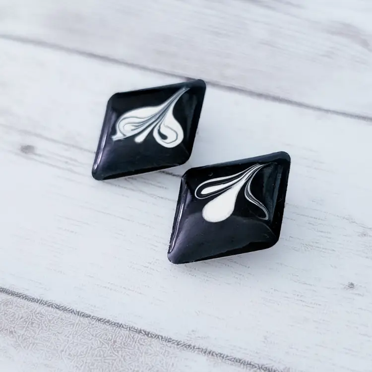 Vintage Clip On Earrings Statement Black & Cream Diamond Shape