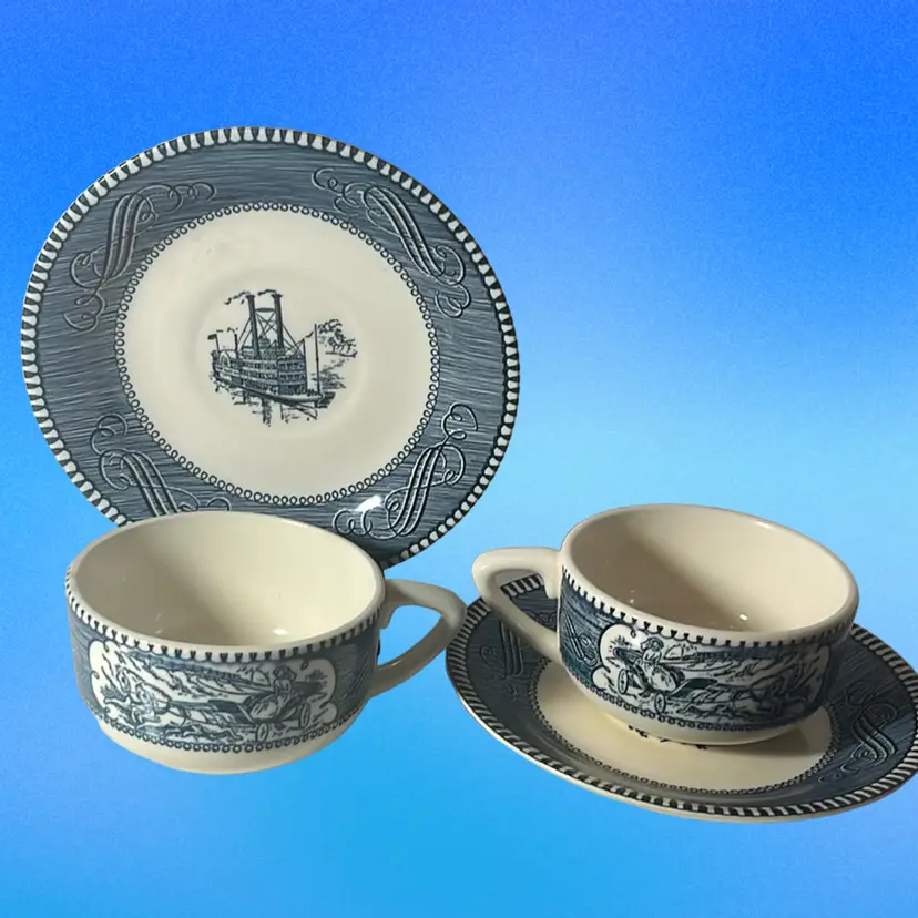 Set Of 2 Vintage Blue & White Cup And Saucer