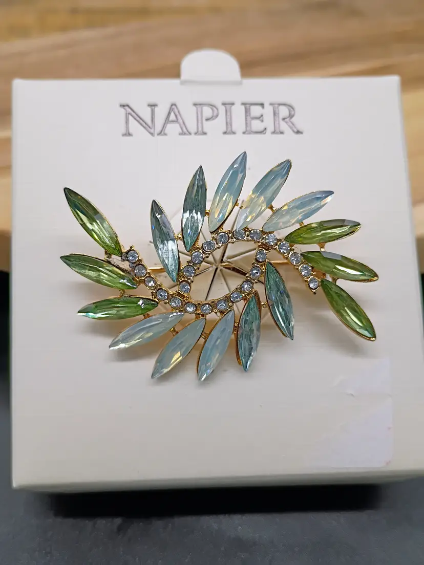 Napier Teal Twist Leaf/ Fern Gold Tone Rhinestone Brooch NEW Old Stock