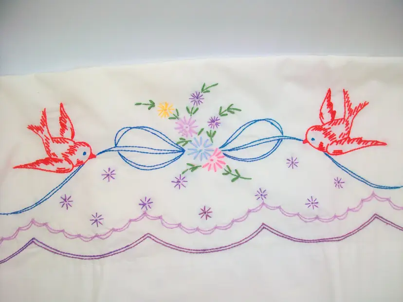 Vintage Embroidered  Red Birds Floral Bouquet Blue Bow Pillowcase Queen Size 20.5" x 31"