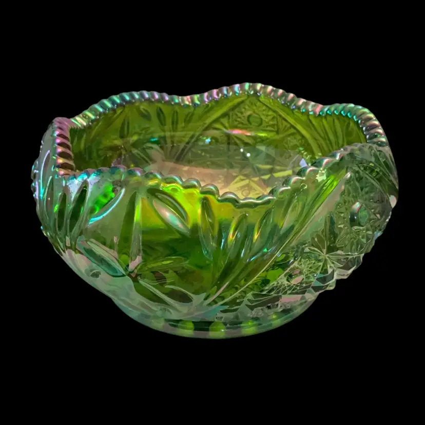Fenton Contemporary Green Carnival Glass Large Bowl 3.75” x 6.5”