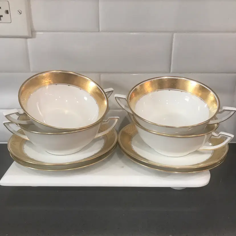 Royal Copenhagen Denmark Soup And Saucer Set Of 4 White And Gold