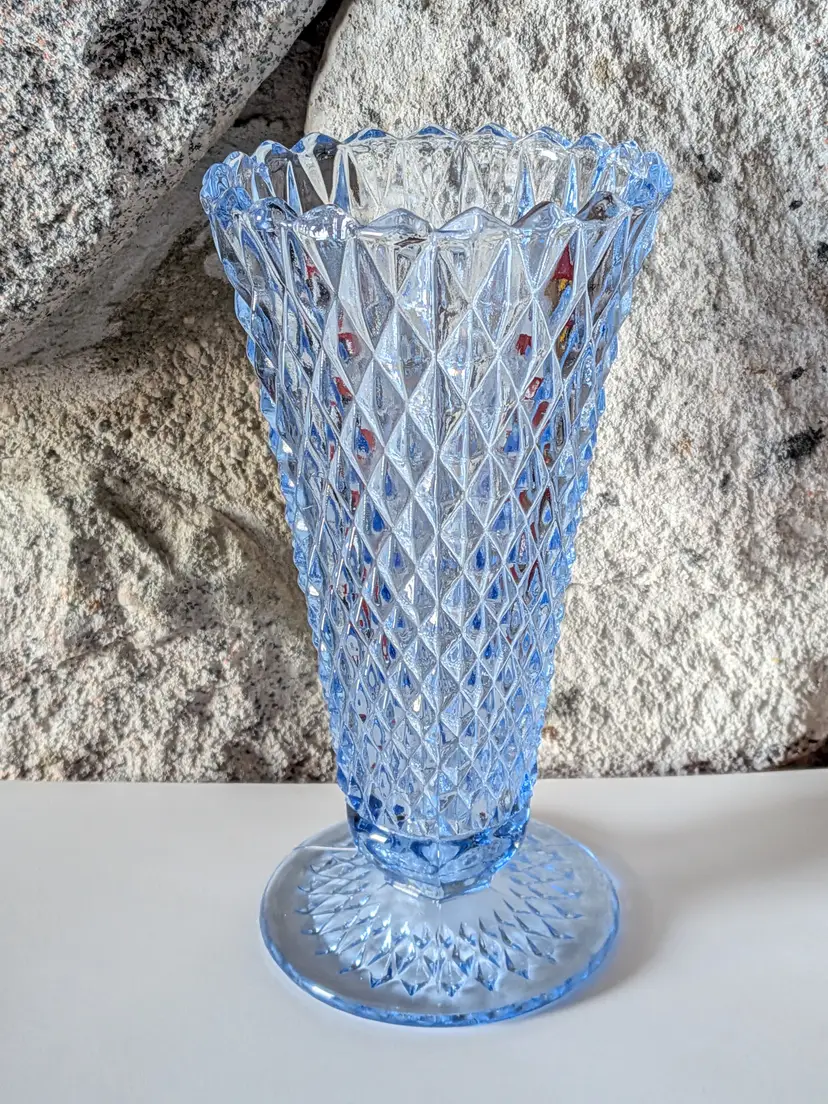Vintage Indiana Glass Ice Blue Diamond Point Trumpet Vase MCM Home Decor